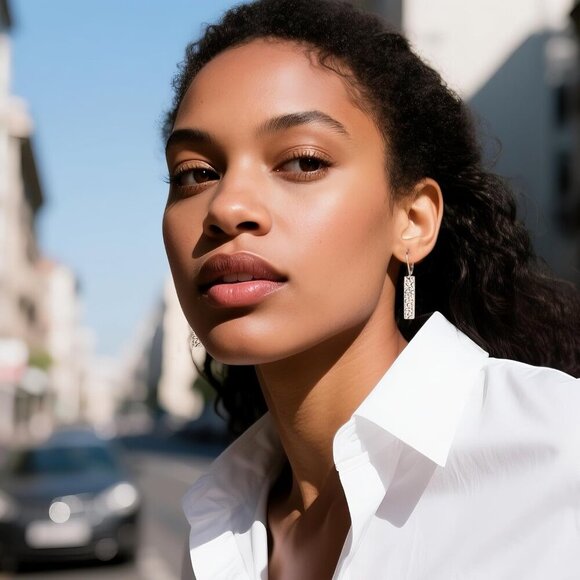 925 Sterling Silver French Lightweight Square Bar Long Drop Leverback Earring - Picture 2 of 7